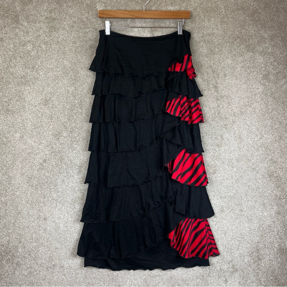 Sharon Tang Skirt Womens Medium Black Red Maxi Ruffle Layered Side Zip- 4189